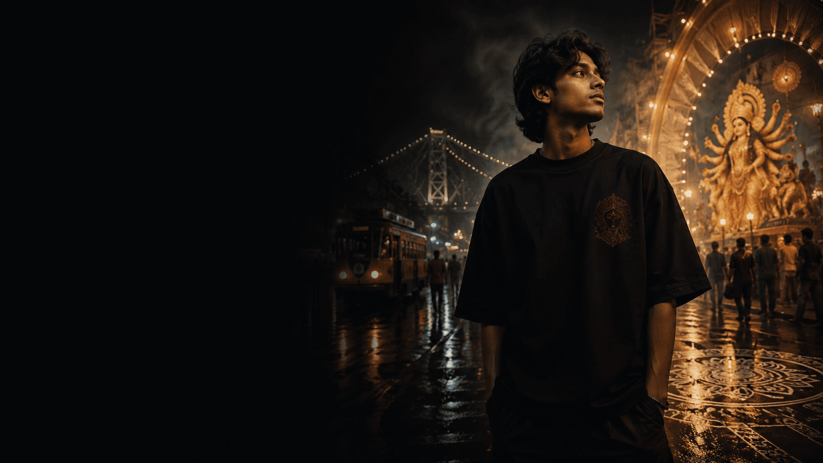 Knitlly tee in a Kolkata night — Howrah bridge, tram, and Durga pandal