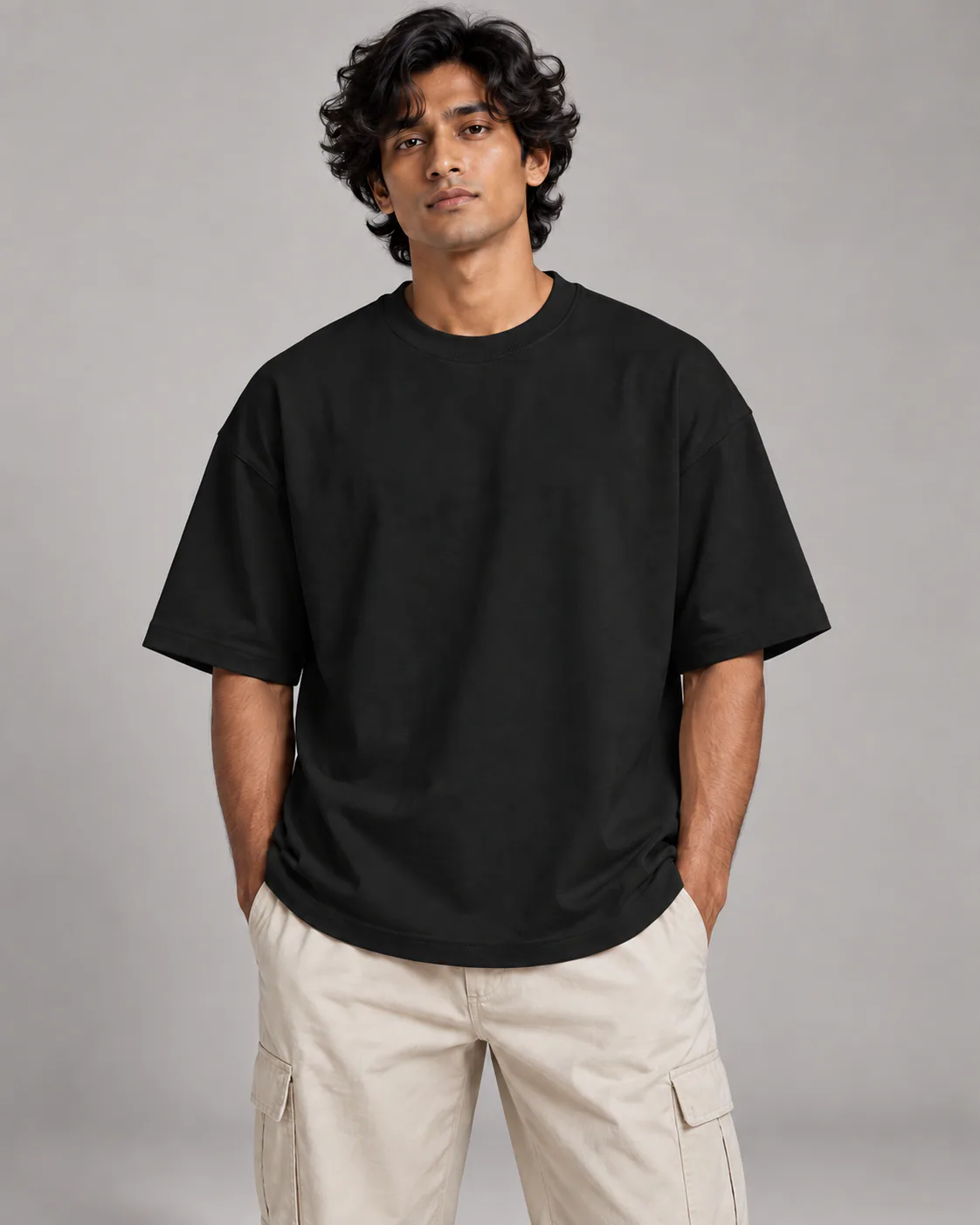 Male model wearing Solid Black