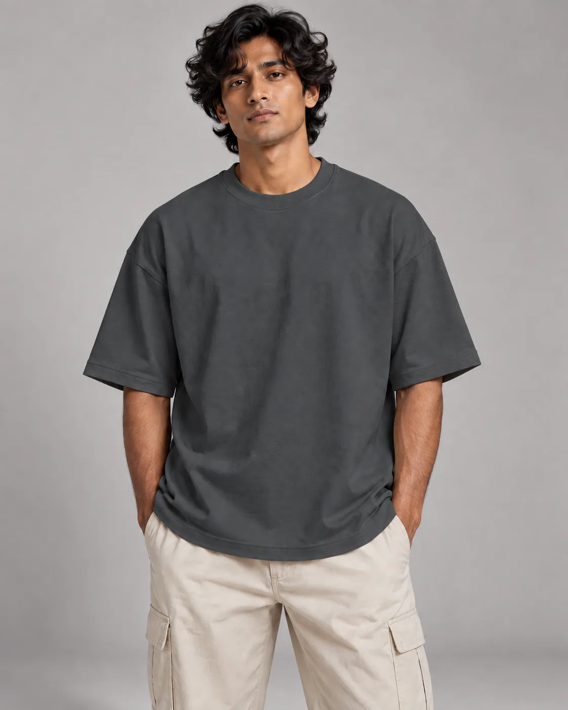 Male model wearing Solid Charcoal Grey