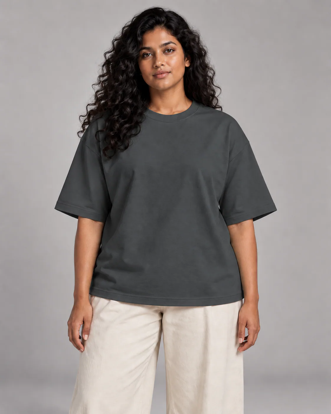 Female model wearing Solid Charcoal Grey